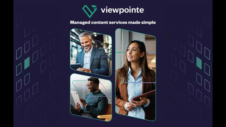 A collage of professionals with devices in hand under the Viewpointe logo and tagline that reads "managed content services made simple."