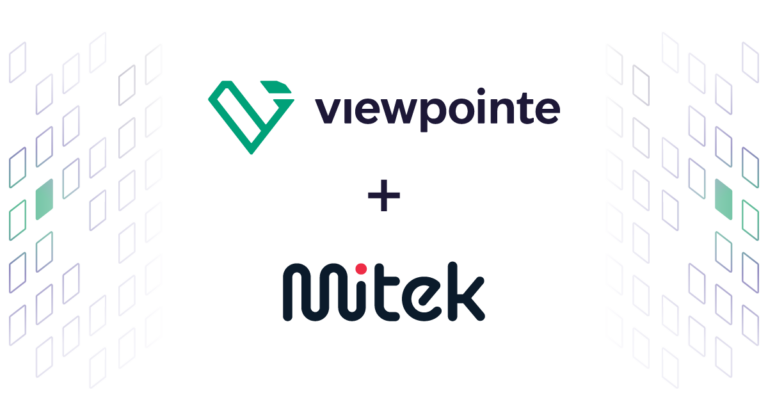 Viewpointe logo and a plus sign above the Mitek Systems logo with a light parallelogram design effect in the background
