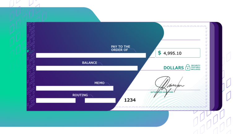 An illustration of a modern check design featuring a gradient background with teal and purple hues. The check includes fields for 'Pay to the Order Of,' 'Balance,' 'Memo,' and 'Routing,' as well as a visible amount of $4,995.10.