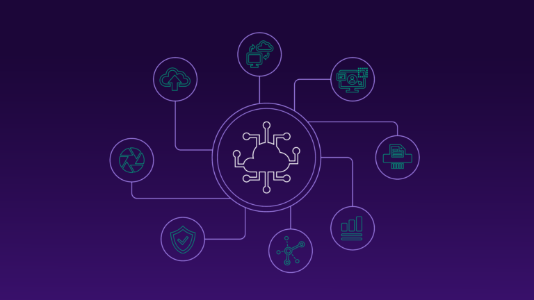 An illustration of interconnected cloud technology, showcasing a central cloud icon surrounded by various smaller circular icons connected by lines. The smaller icons represent features such as data upload, security, analytics, document management, collaboration, and visualization, symbolizing the functionality of a unified cloud-based system