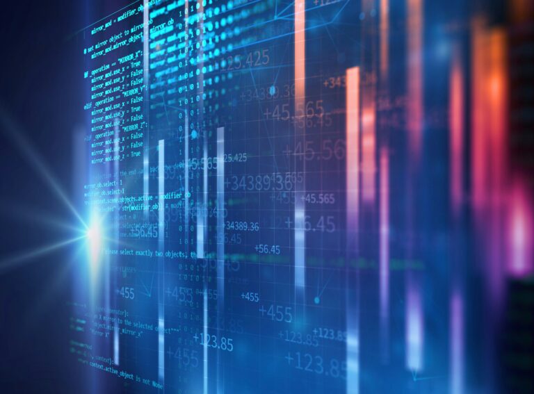 Abstract image representing data and technology, featuring glowing data charts, binary code, and a futuristic digital interface in blue and orange tones.